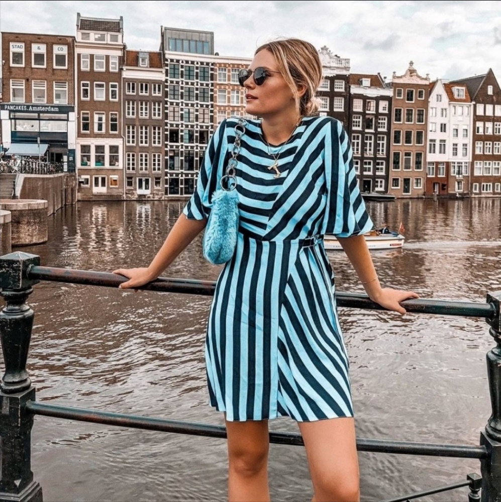 TopShop Diagonal Striped Mini Fit and Flare Dress in Baby Blue and Navy